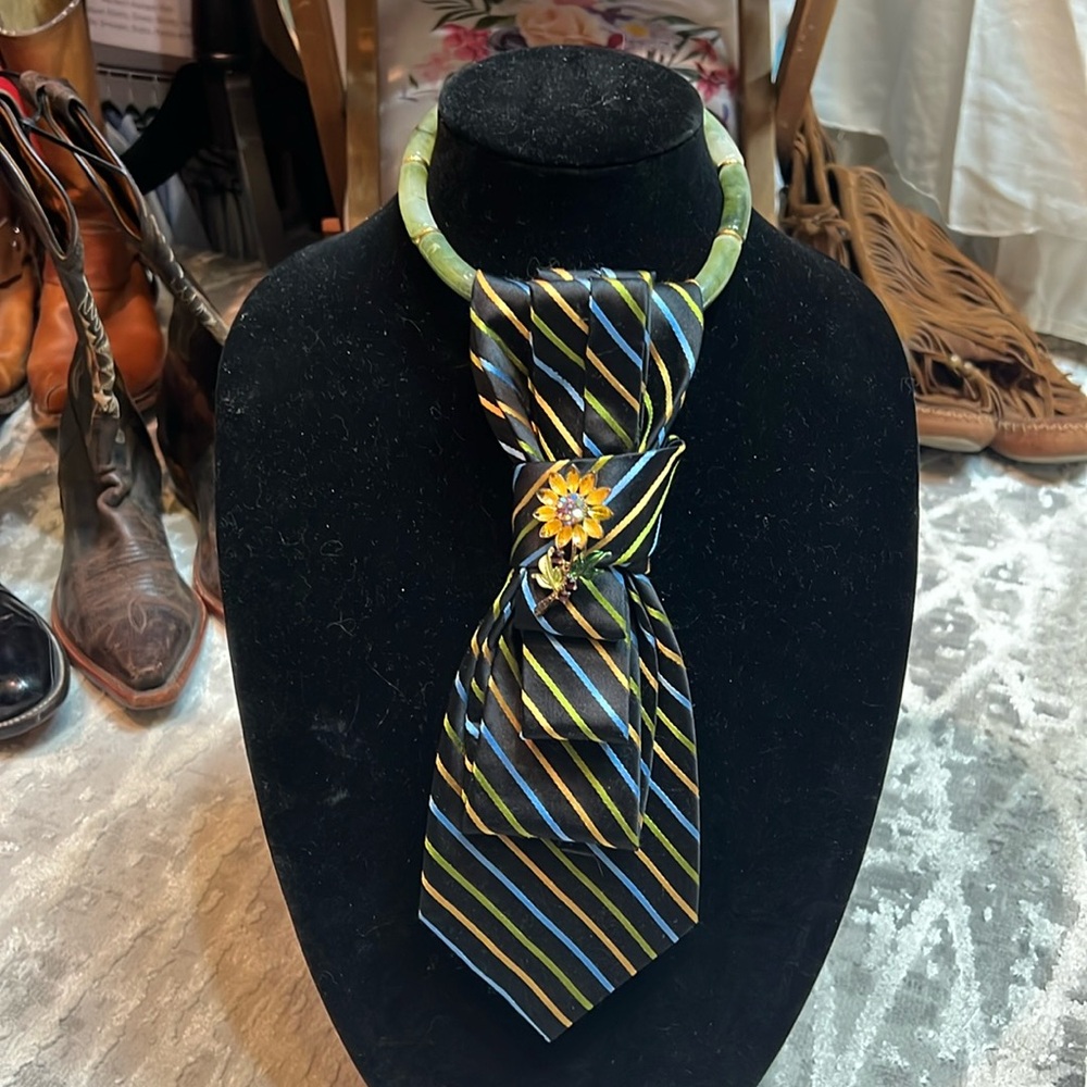 Custom made one of a kind necktie. Claiborne tie with vintage sunflower brooch